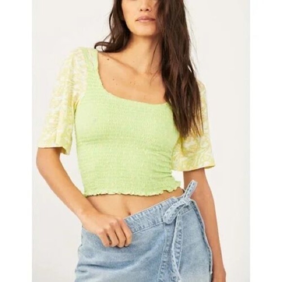 NWT Free People Key Lime Combo Print Smocked Top - Picture 2 of 11